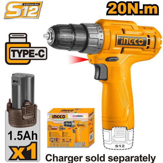 INGCO 12V Cordless Drill, 20NM, 750 RPM, 15+1 Torque, LED Light